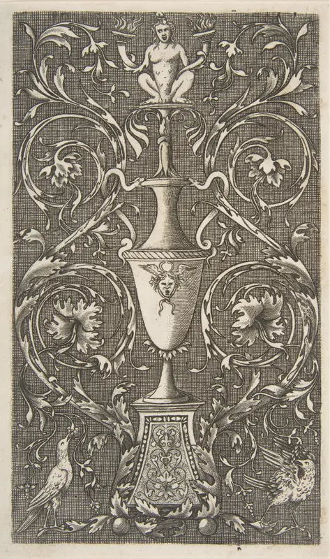 Grotesque with a vase, birds and acanthus scrolls