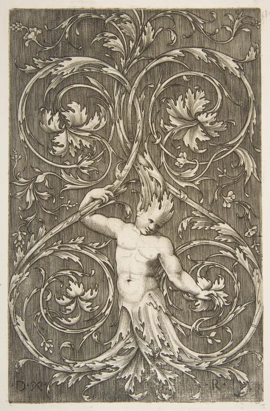 Grotesque with male figure with lower body and head of acanthus scrolls