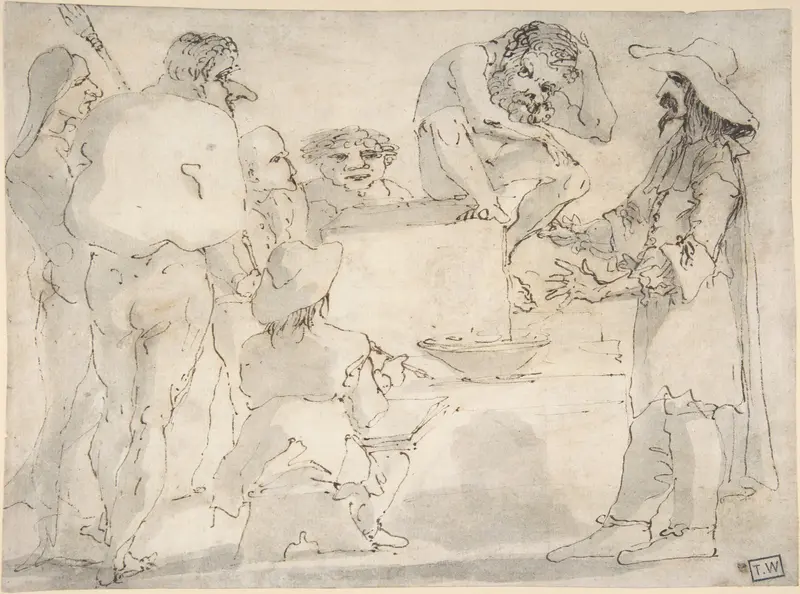 Group of Caricatured Figures with an Artist Drawing Wall Art by Guercino (Giovanni Francesco Barbieri) - High-Resolution Digital Print