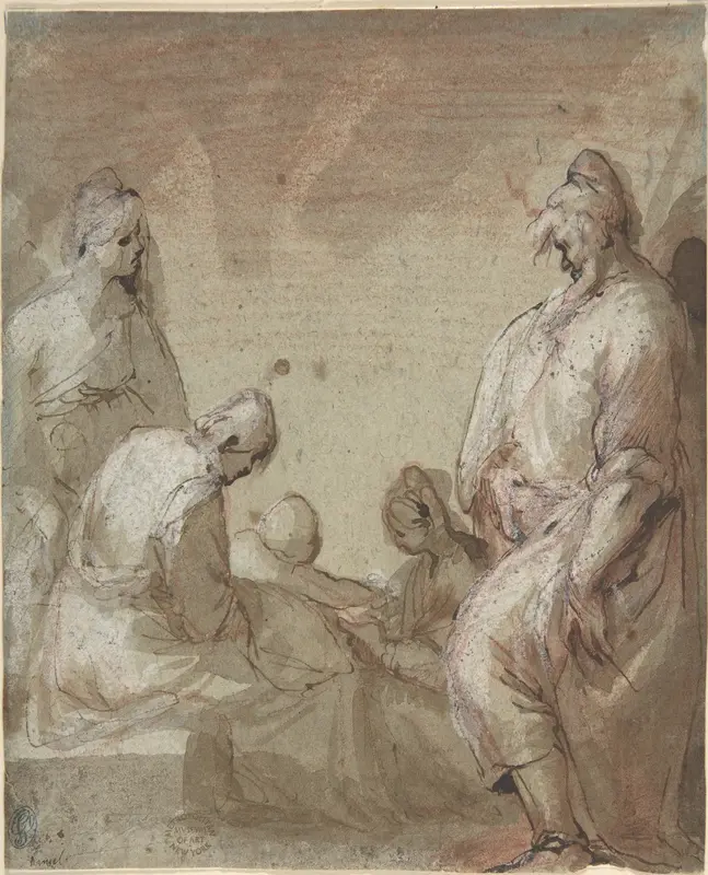 Group of Four Standing and Seated Figures and a Child Wall Art by Anonymous, Italian, Roman-Bolognese, 17th century - High-Resolution Digital Print