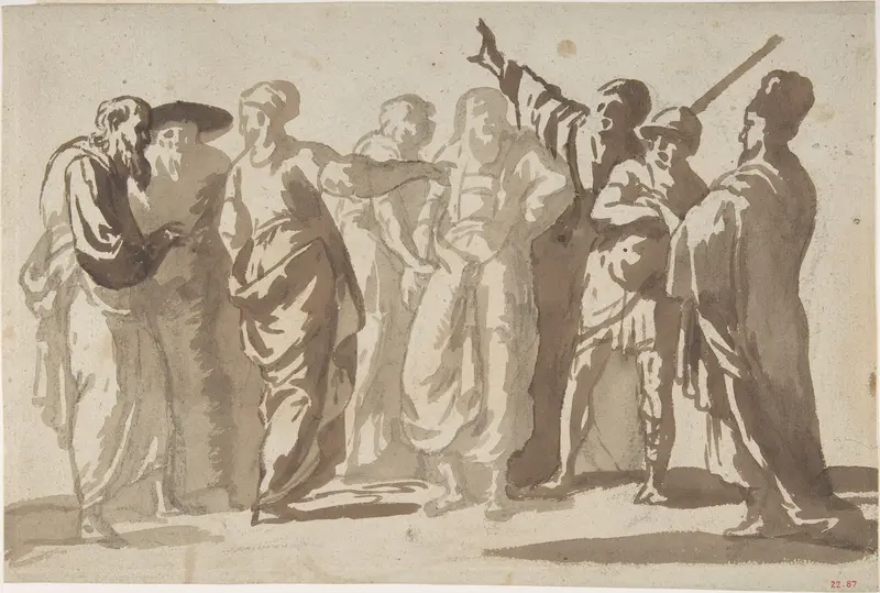 Group of Men Wall Art by Master of the Large Figure Brush Drawings - High-Resolution Digital Print