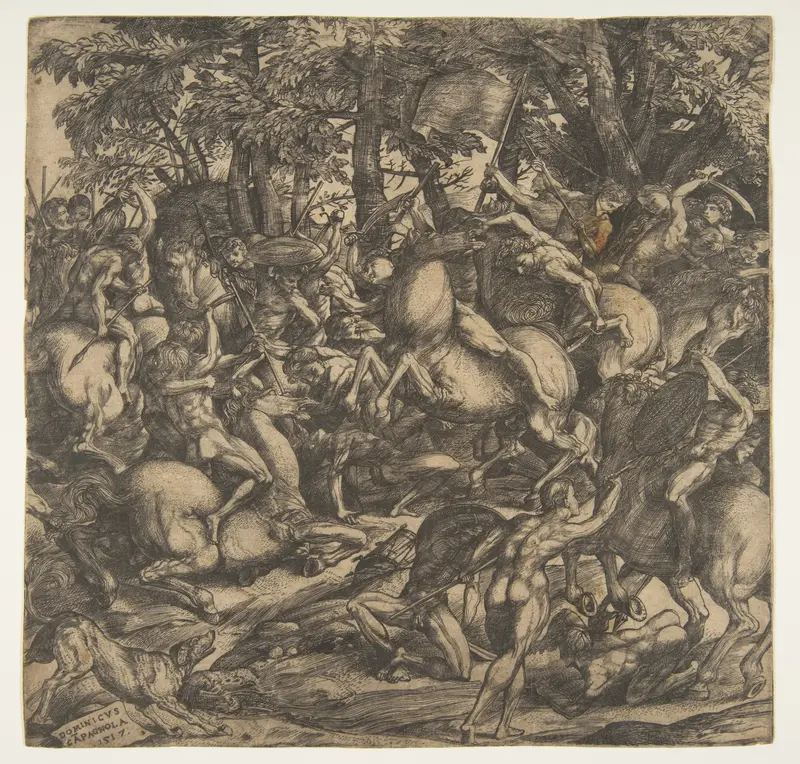 Group of naked men engaged in battle in a wooded landscape, some on horseback; a dog at lower left. Wall Art by Domenico Campagnola - High-Resolution Digital Print