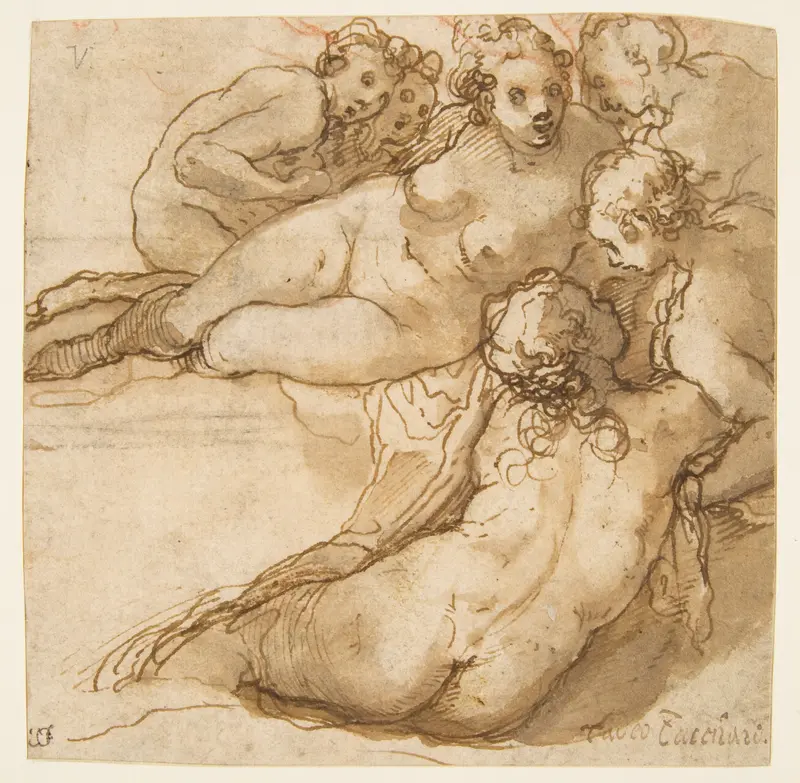 Group of Six Reclining Nude Women (Nymphs Bathing) (recto); Sketch of a Leg (verso) Wall Art by Taddeo Zuccaro - High-Resolution Digital Print