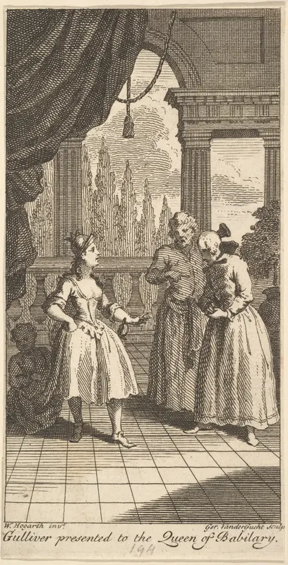 Gulliver Presented to the Queen of Babilary, Frontispiece to "The Travels of Mr. John Gulliver" Wall Art by Gerard Vandergucht - High-Resolution Digital Print