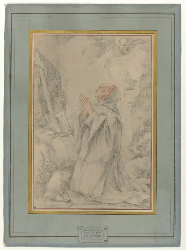 H. Benedictus biddend in een grot Wall Art by Laurent de La Hire - High-Resolution Digital Print