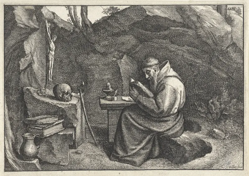 H. Franciscus lezend in een grot Wall Art by Unknown - High-Resolution Digital Print