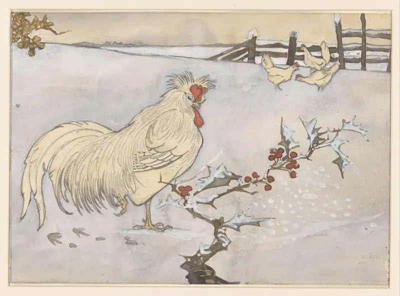 Haan en drie kippen in een sneeuwlandschap met een tak hulst Wall Art by Jan C. van der Ven - High-Resolution Digital Print