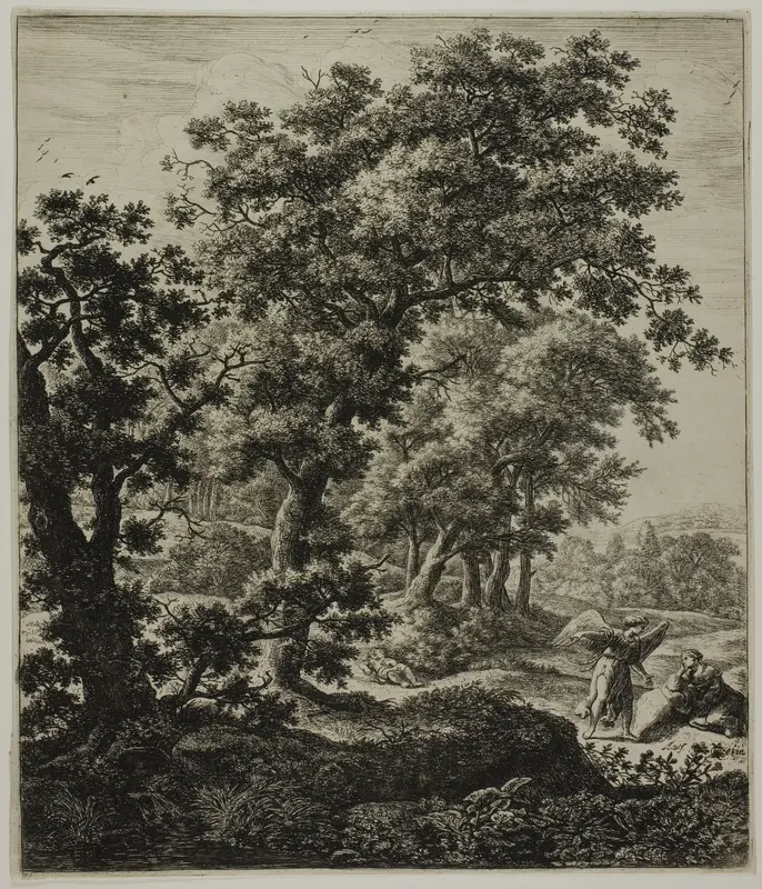 Hagar Comforted by the Angel, from Six Large Upright Landscapes with Scenes from the Old Testament Wall Art by Anthonie Waterloo - High-Resolution Digital Print