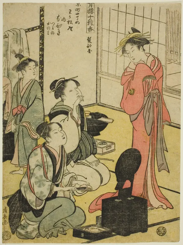 Hairdressing Room (Kamibeya), from the series "Ten Kinds of Incense in the Pleasure Quarters (Seiro jisshu ko)" Wall Art by Torii Kiyonaga - High-Resolution Digital Print