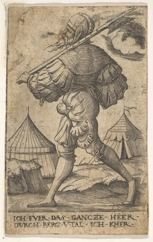 Halberdier walking left and carrying a halberd over his left shoulder, two tents beyond, from "Twelve soldiers of different ranks" Wall Art by Virgil Solis - High-Resolution Digital Print
