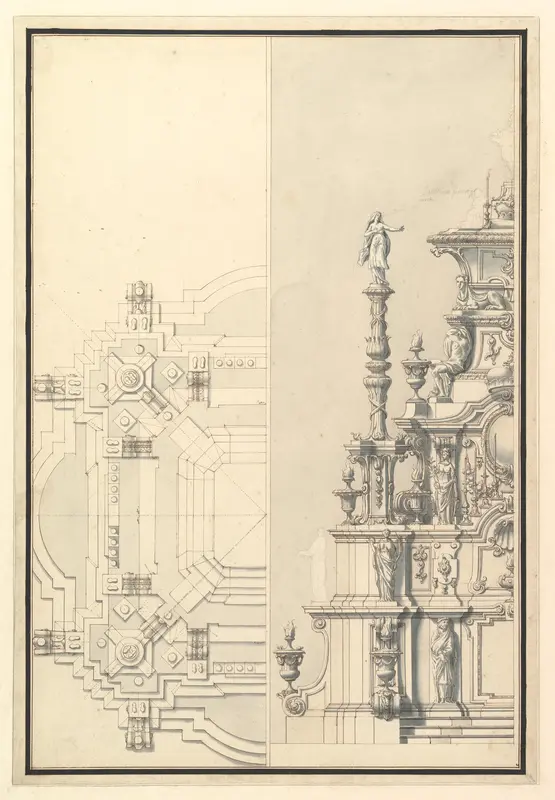 Half Elevation and Half Plan for a Catafalque for Maximilian, Elector of Bavaria, probably Maximilian II Emanuel (1662–1726) Wall Art by Giuseppe Galli Bibiena - High-Resolution Digital Print