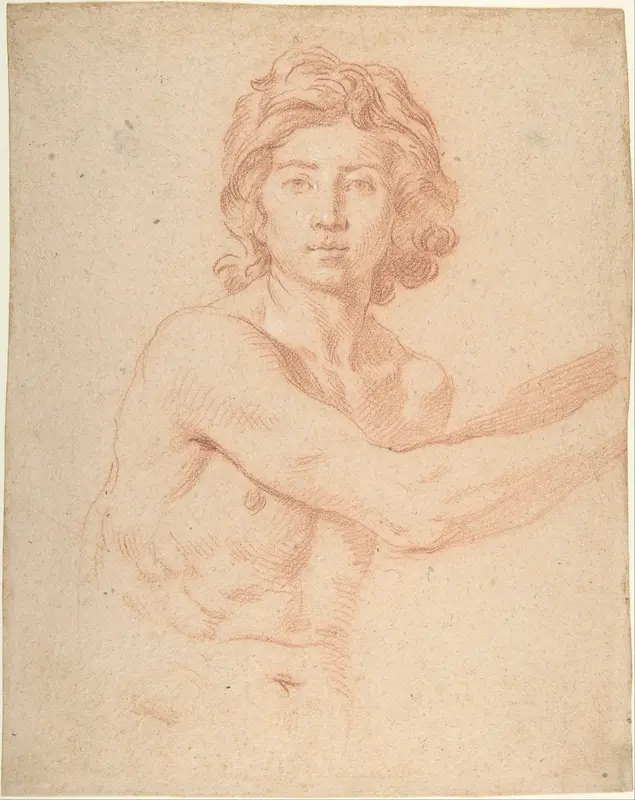 Half-Figure of a Youth with His Right Arm Raised Wall Art by Simone Cantarini - High-Resolution Digital Print