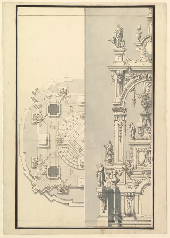 Half Plan and Half Elevation for a Catafalque for an Electress Palatine Wall Art by Giuseppe Galli Bibiena - High-Resolution Digital Print
