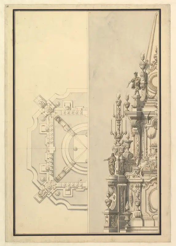 Half Plan and Half Elevation for a Catafalque for Margarita Louisa, Gran Duchess of Tuscany (d. 1721) Wall Art by Giuseppe Galli Bibiena - High-Resolution Digital Print