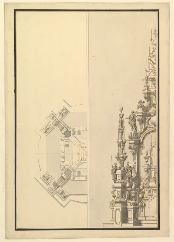Half Plan and Half Elevation for a Catafalque with Royal Crown Surmounting the Casket Wall Art by Giuseppe Galli Bibiena - High-Resolution Digital Print