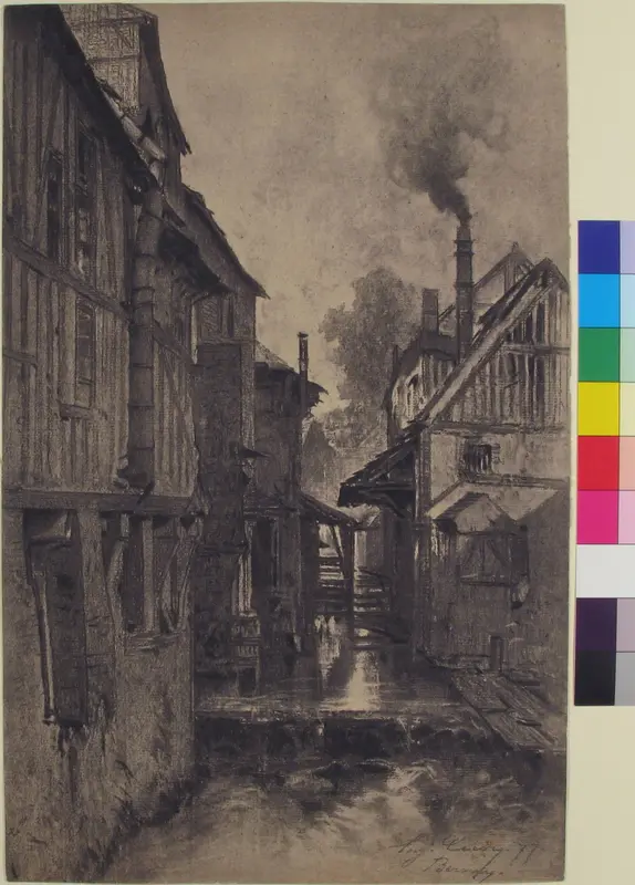 Half-Timbered Houses along a Waterway Wall Art by Eugène Cicéri - High-Resolution Digital Print