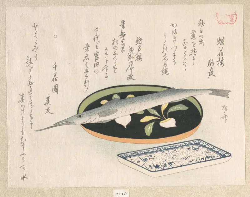 Halfbeak on a Lacquer Tray with Turnips and White Baits on a Porcelain Dish with Plum Blossoms on Broken Ice