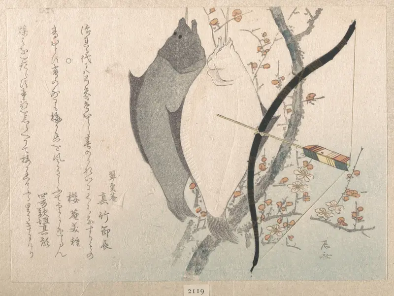 Halibuts and a Bow with Arrow Hanging on a Plum Tree