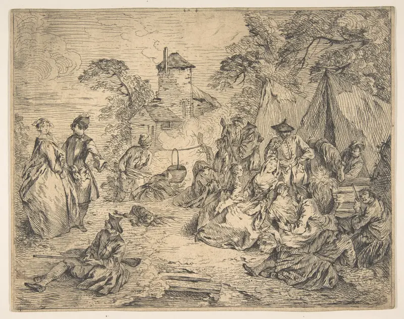 Halte des Troupes (Soldiers and Women in an Encampment) Wall Art by Jean-Baptiste Joseph Pater - High-Resolution Digital Print