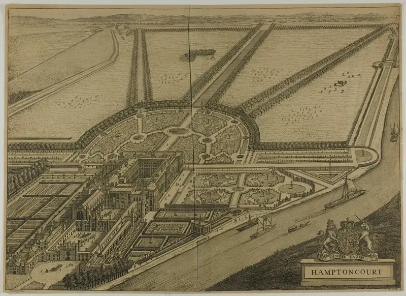 Hampton Court, plate six from Britannia Illustrata Wall Art by Johannes Kip - High-Resolution Digital Print