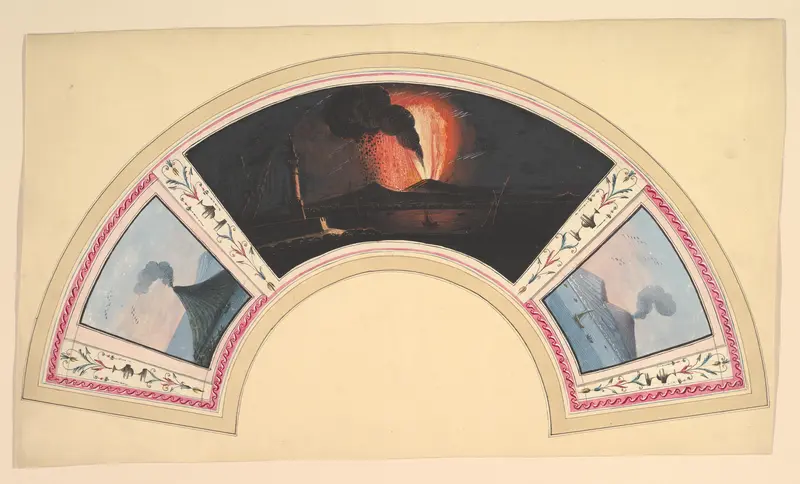 Hand-painted Fan with Three Views of Mount Vesuvius Wall Art by Anonymous, Italian, 18th century - High-Resolution Digital Print