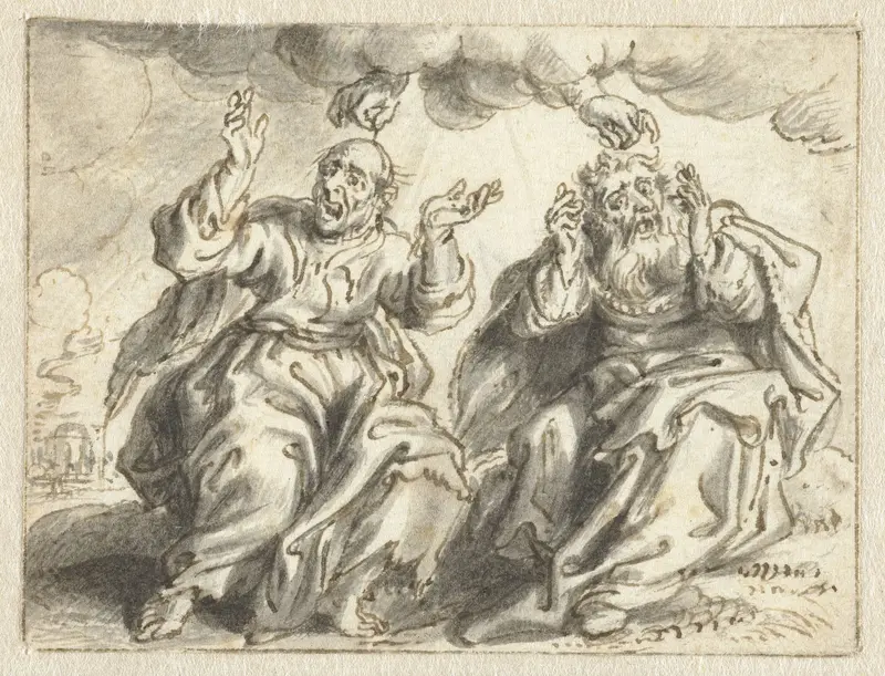 Handen die uit een wolk verschijnen plukken haar van de hoofden van twee oudere mannen, de een kaal, de andere met een weelderige haardos Wall Art by Adriaen Pietersz van de Venne - High-Resolution Digital Print