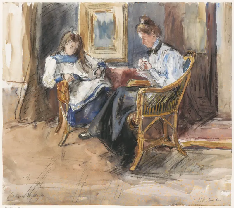 Handwerkende Cato van Houten en lezende Marie Anna van Houten in het huis aan de Riouwstraat 6, te Den Haag Wall Art by Barbara Elisabeth van Houten - High-Resolution Digital Print
