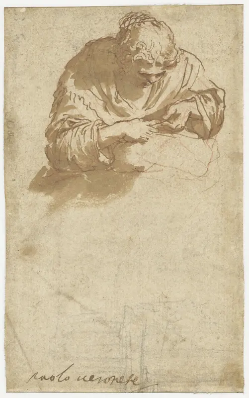 Handwerkende (?) vrouw en architectuurkrabbels Wall Art by anonymous - High-Resolution Digital Print