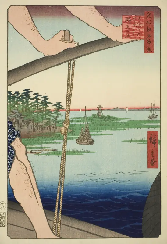 Haneda Ferry and Benten Shrine (Haneda no watashi Benten no yashiro), from the series "One Hundred Famous Views of Edo (Meisho Edo hyakkei)"