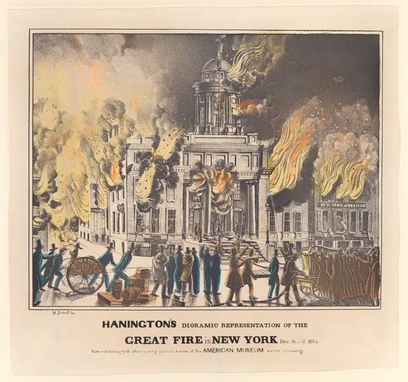 Hanington's Dioramic Representation of the Great Fire in New York, Dec. 16 and 17, 1835. Now Exhibiting with Other Moving Dioramic Scenes, at the American Museum Every Evening... Wall Art by H. Sewell - High-Resolution Digital Print