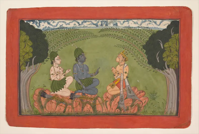 Hanuman before Rama and Lakshmana: Folio from the dispersed “Mankot" Ramayana series Wall Art by Unknown - High-Resolution Digital Print