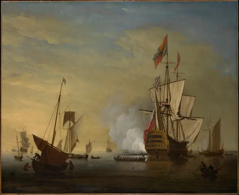 Harbor Scene: An English Ship with Sails Loosened Firing a Gun Wall Art by Peter Monamy - High-Resolution Digital Print