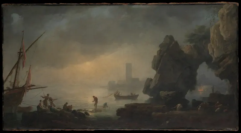 Harbor Scene with a Grotto and Fishermen Hauling in Nets Wall Art by Joseph Vernet - High-Resolution Digital Print