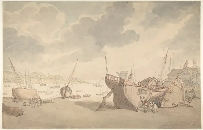 Harbor scene with the tide out, and beached boats Wall Art by Thomas Rowlandson - High-Resolution Digital Print