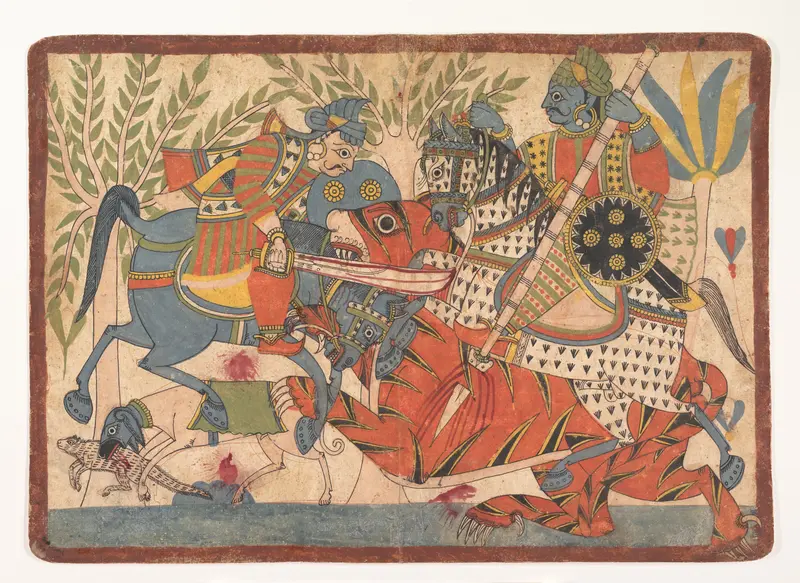 “Harishchandra and his Minister Killing a Tiger,” folio from a Harishchandra Series Wall Art by Unknown - High-Resolution Digital Print