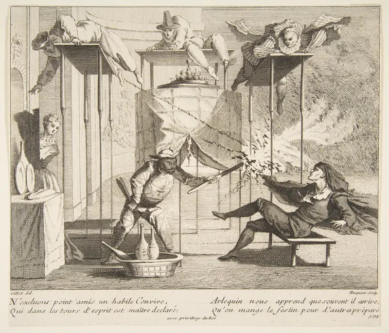 Harlequin menaces Scaramouche with a Torch Wall Art by Claude Gillot - High-Resolution Digital Print