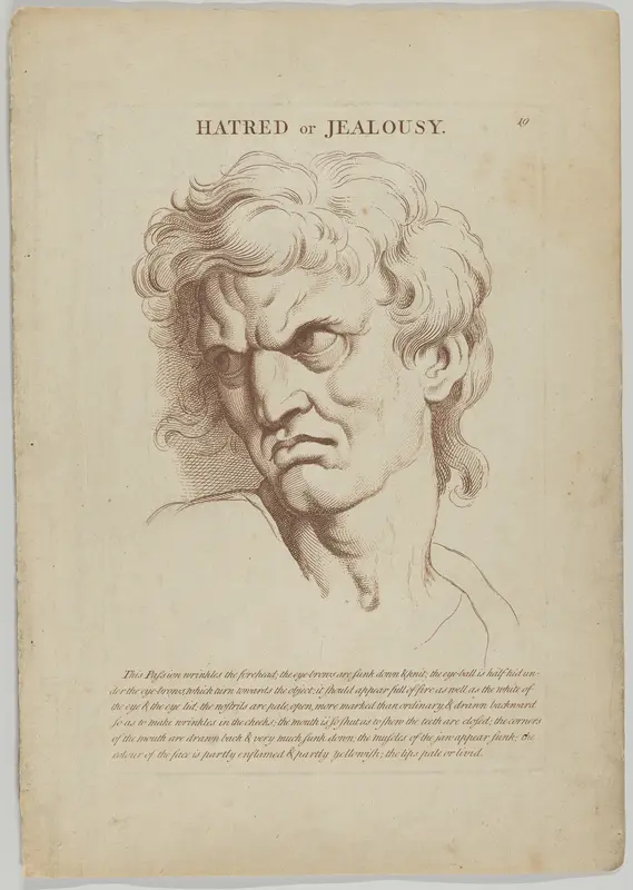 Hatred or Jealousy, plate 20 from "Heads Representing the Various Passions of the Soul; as they are Expressed in the Human Countenance: Drawn by that Great Master Monsieur Le Brun" Wall Art by Anonymous, British, 18th century - High-Resolution Digital Print