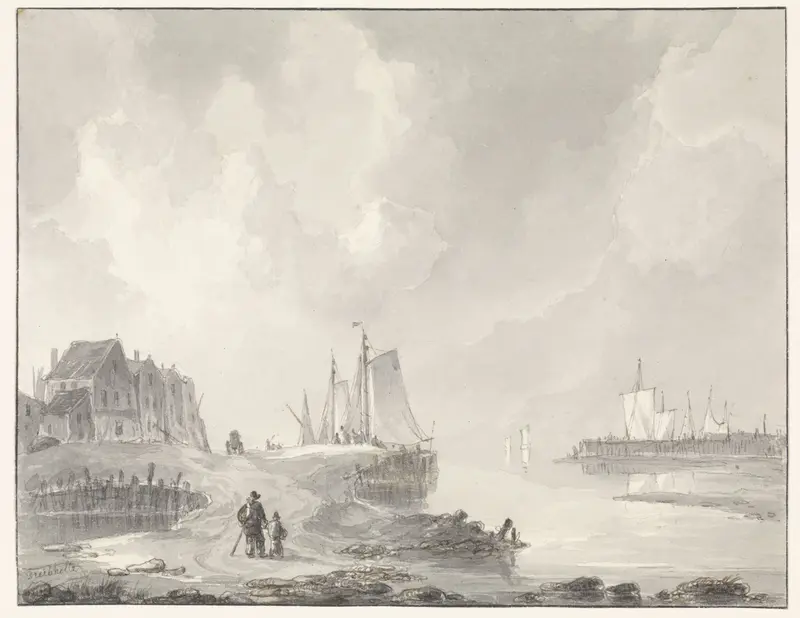 Haven met links oude huizen, op de voorgrond wandelaars Wall Art by Christiaan Lodewijk Willem Dreibholtz - High-Resolution Digital Print