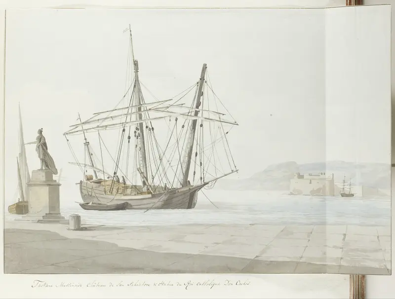 Haven met schip of tartane uit Messina en standbeeld van don Carlos en in de verte het kasteel San Salvatore Wall Art by Louis Ducros - High-Resolution Digital Print