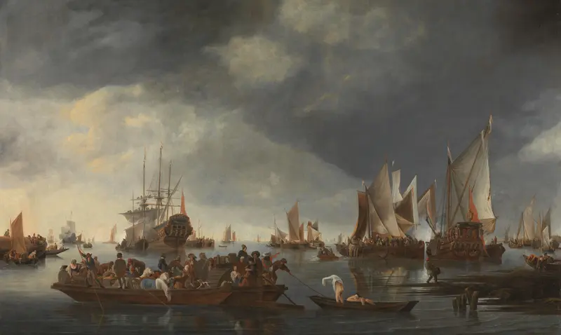 Haven met zeilschepen en ponteveer Wall Art by Hendrick Jacobsz. Dubbels - High-Resolution Digital Print