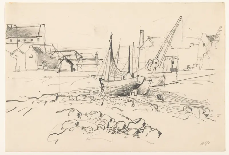 Havengezicht met schip op het droge en huizen Wall Art by Jakob Kruijff - High-Resolution Digital Print