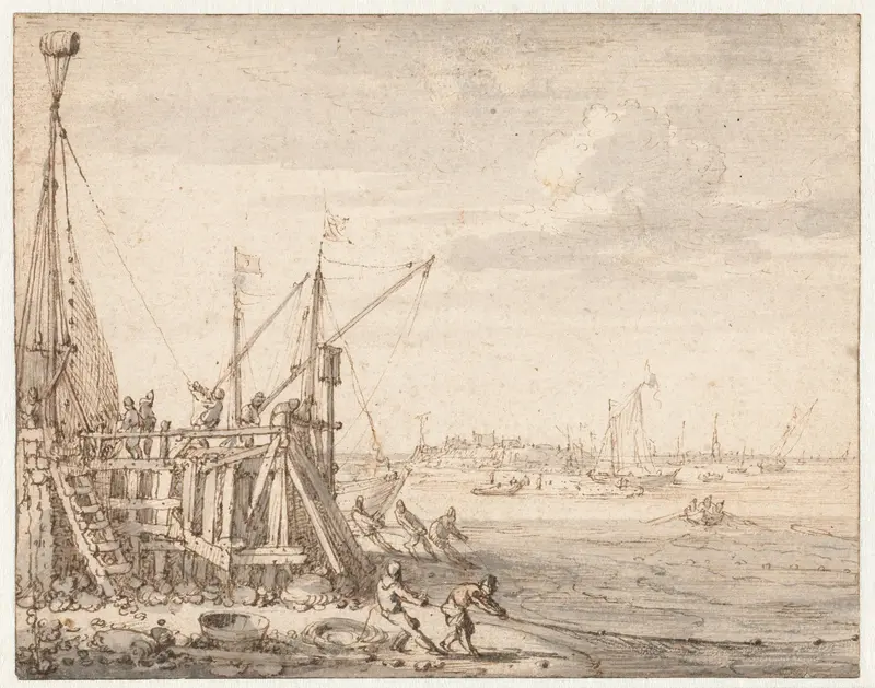 Havenhoofd met vissers die hun netten binnenhalen Wall Art by Cornelis Claesz van Wieringen - High-Resolution Digital Print