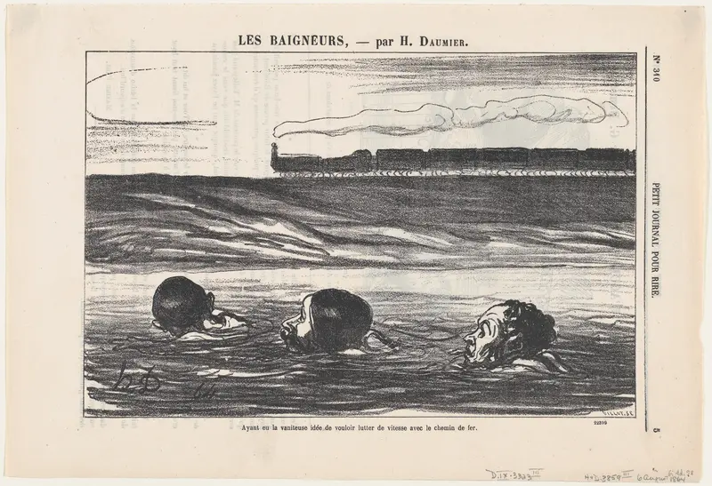 Having had the ambitious idea to outswim the train, from 'The bathers,' published in Le Petit Journal pour Rire, August 6, 1864 Wall Art by Honoré Daumier - High-Resolution Digital Print