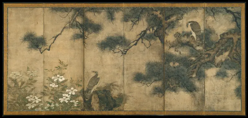 Hawks with Pine Trees and Camellias; Small Birds with Willows and Camellias