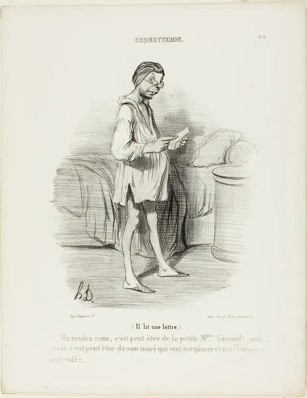 (He is reading a letter) “A date, could it be from the cute Mme Giraud?? Yes, but it could also come from her husband who wants to pinch me…,” plate 8 from Coquetterie