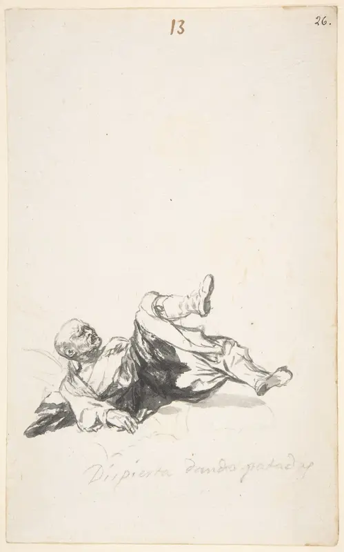 He Wakes Up Kicking; a man on the floor kicking his legs after waking from a nightmare; page 13 from the "Witches and Old Women" Album (D)