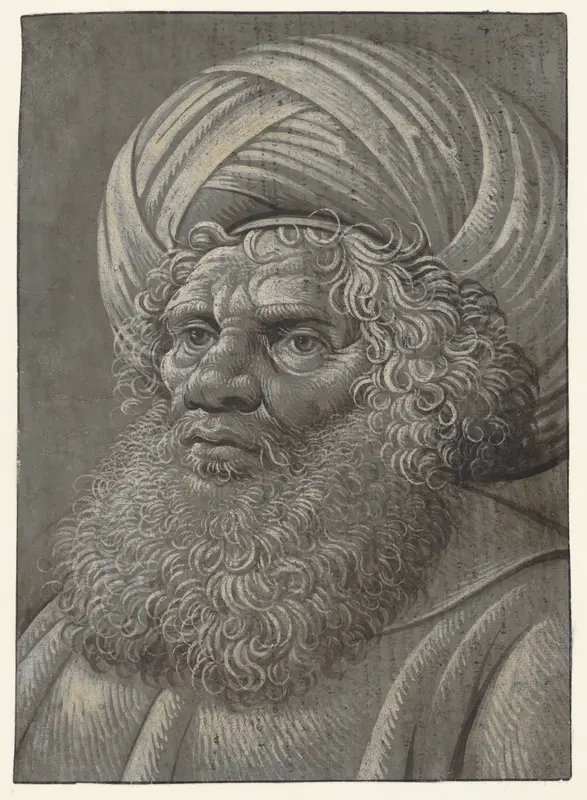 Head of a Bearded Man Wearing a Turban (recto); Latin script (verso) Wall Art by Master of the Death of Absalom (?) - High-Resolution Digital Print