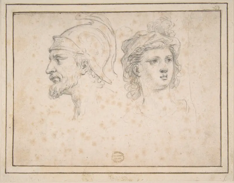 Head of a Bearded Soldier in Profile, Head of a Young Woman in Three-Quarter View Wall Art by Anonymous, Italian, 17th century - High-Resolution Digital Print