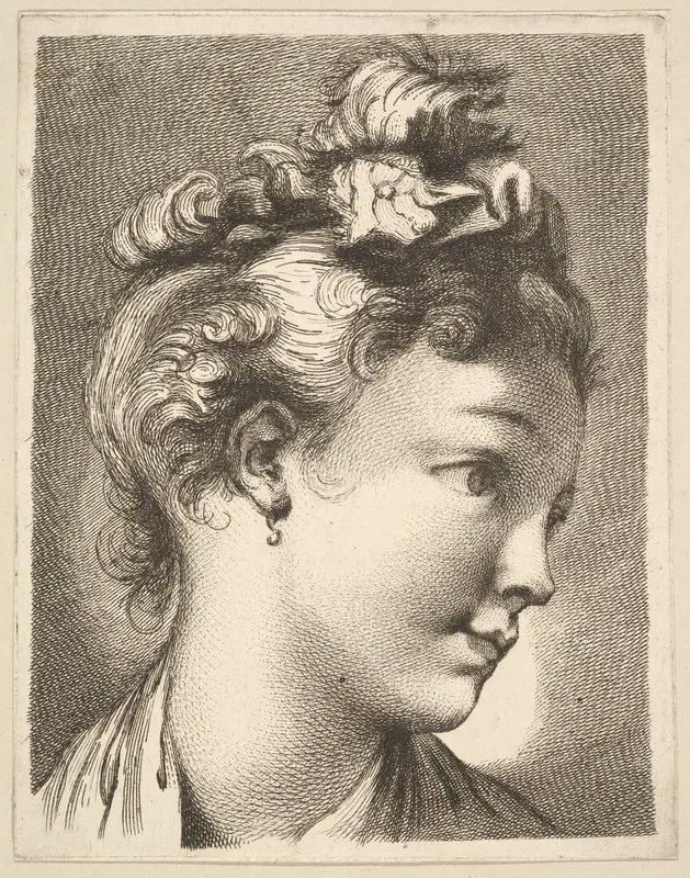 Head of a woman with her head turned to the left, from Livre de Têtes Gravées d'apres F. Boucher et Autres (Book of Heads Engraved after F. Boucher and Others) Wall Art by Anonymous, French, 18th century - High-Resolution Digital Print
