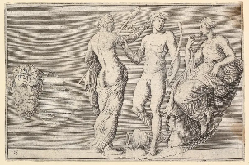 Head of Satyr and Three Figures, from "Ex Antiquis Cameorum et Gemmae Delineata/ Liber Secundus/et ab Enea Vico Parmen Incis" Wall Art by Anonymous, Italian, 16th century - High-Resolution Digital Print